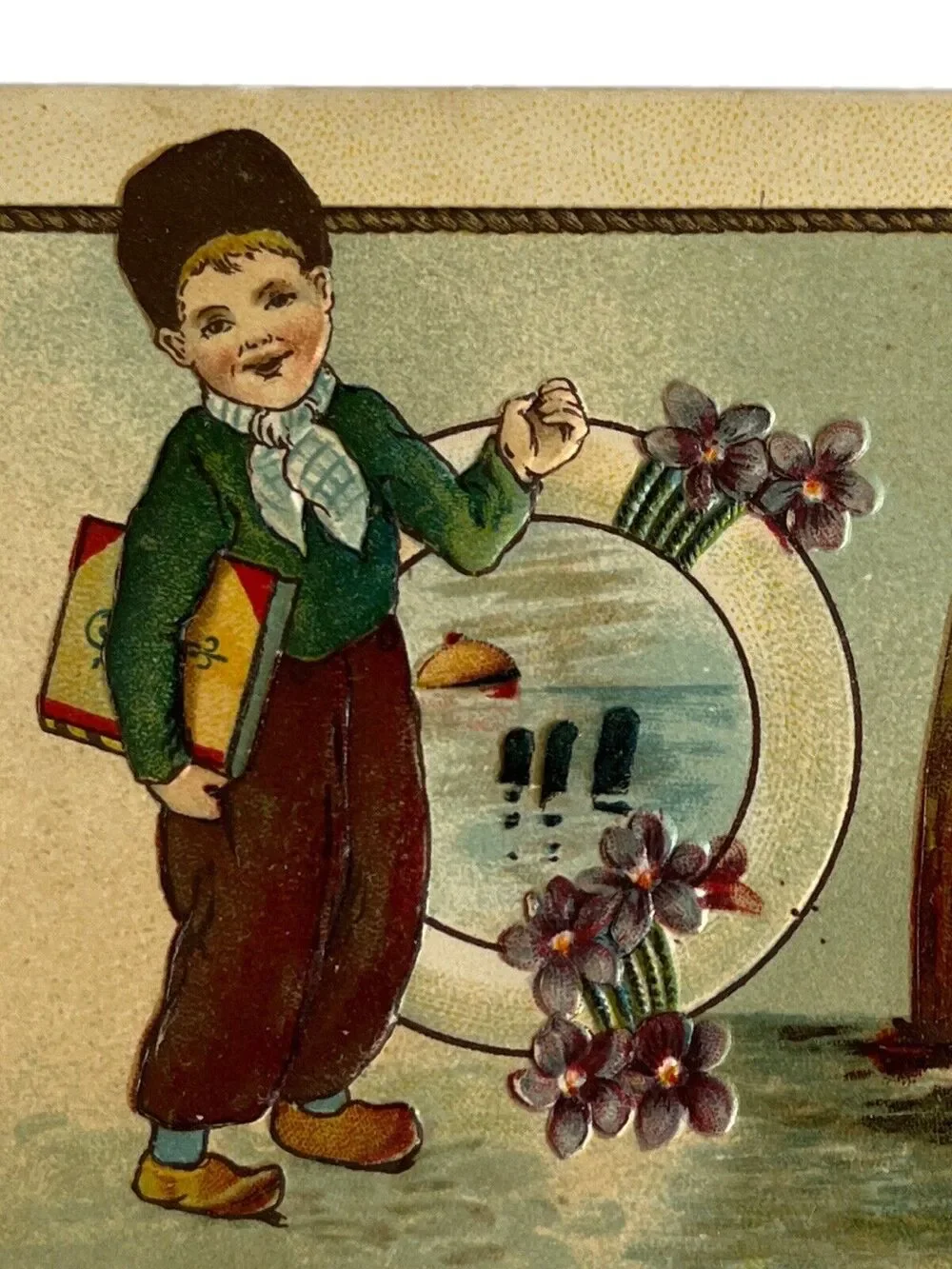 Atq Early 1900s Ephemera Posted Postcard Best Wishes Dutch Boy Nautical Sailboat